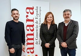 El viceconsejero de Infraestructuras, Jorge García; Pilar Ruiz Huélamo, directora de la Delegación de la Cámara de Comercio de España ante la UE, y el consejero Alejandro Calvo, en la reunión mantenida en Bruselas.