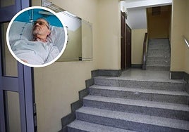 Entrada al número 2 de la calle Benito Conde, en El Llano, edificio sin ascensor donde reside Pablo Cabral. En el círculo, el propio Pablo, ingresado en el Hospital de Cabueñes.