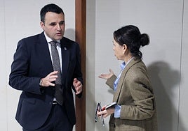 El consejero de Hacienda, Guillermo Peláez, conversa con la portavoz del PSOE, Dolores Carcedo, en los pasillos de la Junta General.