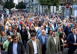 El presidente del Gobierno de Asturias, Adrián Barbón, y parte de sus consejeros, en la manifestación contra el peaje del Huerna. Alex Piña