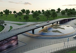 Infografía del mapamundi en la rotonda de la AS-17 en Lugones.