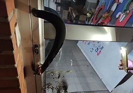 Estado en el que quedó la puerta incendiada en la Fundación Mar de Niebla.