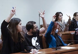 El portavoz de Podemos Avilés, David García, vota junto a las concejalas Raquel Ruiz (PSOE) y Ana Solís (IU).