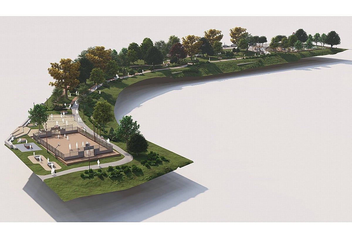 Infografía del parque, que adopta la forma curva por el trazado ferroviario.