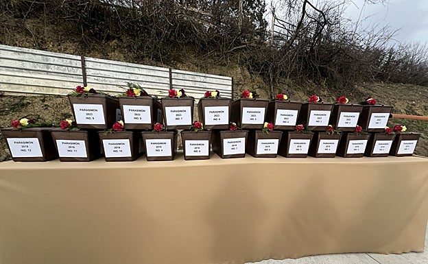 Las cajas con los restos, en el cementerio de Pola de Lena.