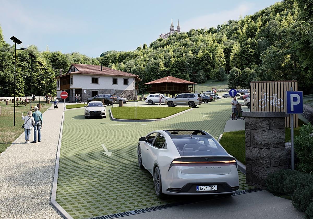 Recreación de cómo quedaría el aparcamiento habilitado en la finca de Les Llanes, con la Basílica de Santa María la Real al fondo.
