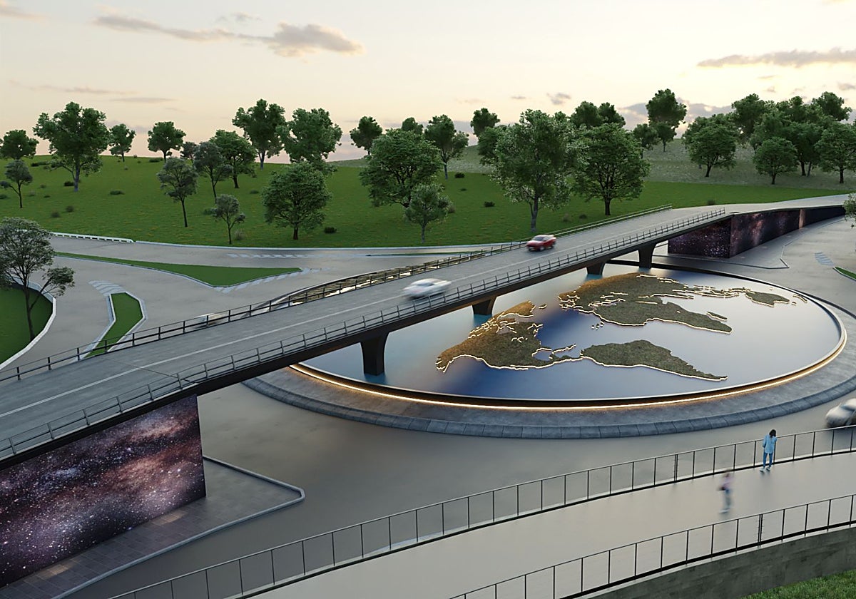 Infografía del mapamundi en la rotonda de la AS-17 en Lugones.