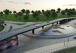 Infografía del mapamundi en la rotonda de la AS-17 en Lugones.