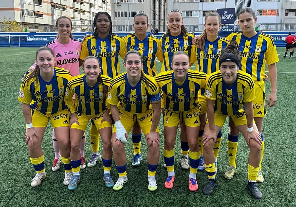 Las jugadoras de partida del equipo carbayón en tierras catalanas.