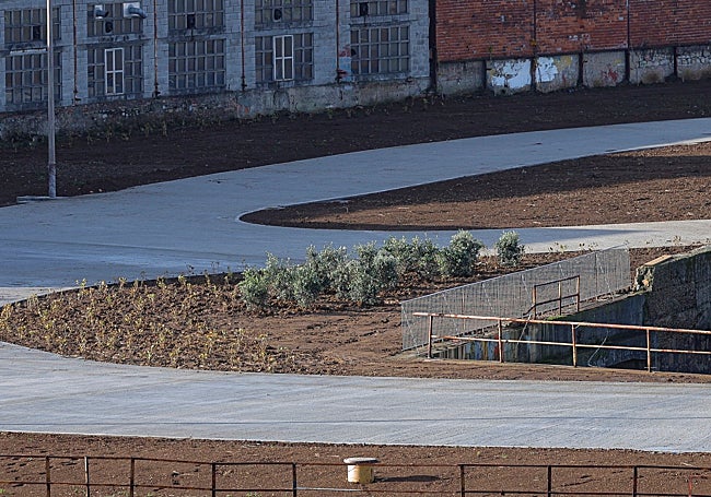 Detalle de un tramo de barandilla y parte de la vegetación ya plantada.