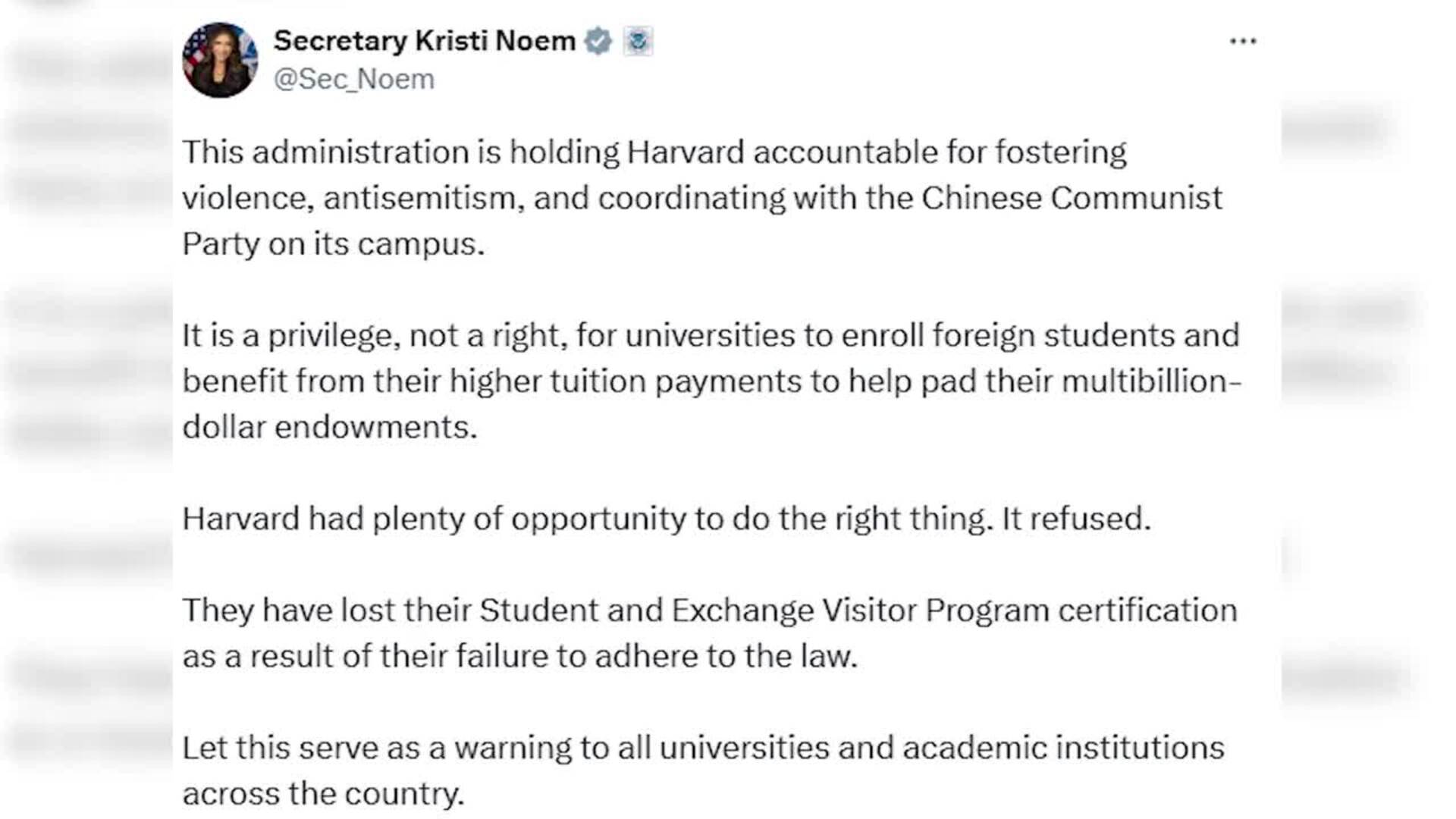 La Administración Trump prohíbe a Universidad de Harvard matricular a estudiantes extranjeros