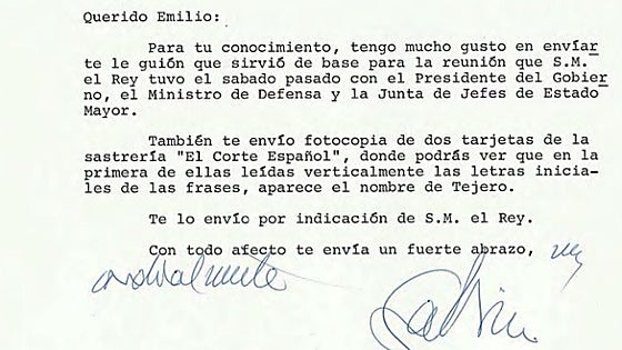 Carta de Sabino Fernández Campo: «Podrás ver que aparece el nombre de Tejero»
