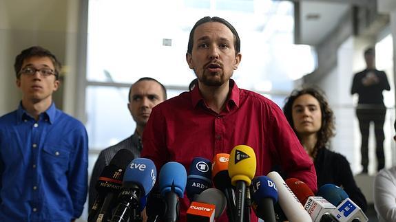 Pablo Iglesias, durante la rueda de prensa de hoy. 