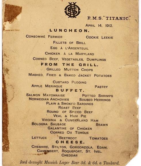 Carta de la última cena servida al pasaje de primera clase del 'Titanic'.