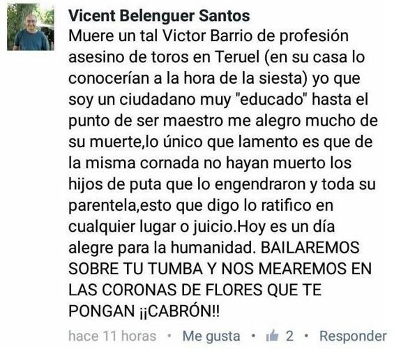 El profesor denuncia que piratearon su cuenta para insultar al torero Víctor Barrio