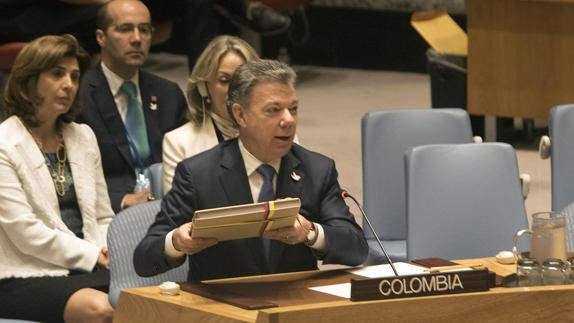 Juan Manuel Santos presenta el acuerdo de paz ante la ONU.