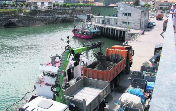 Una grúa cargó en el puerto de Llanes 120 toneladas de arena para llevarla la playa de Toró. 