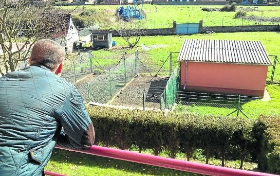 Un vecino mira la finca-gallinero que se extiende a escasos metros de las ventanas. 