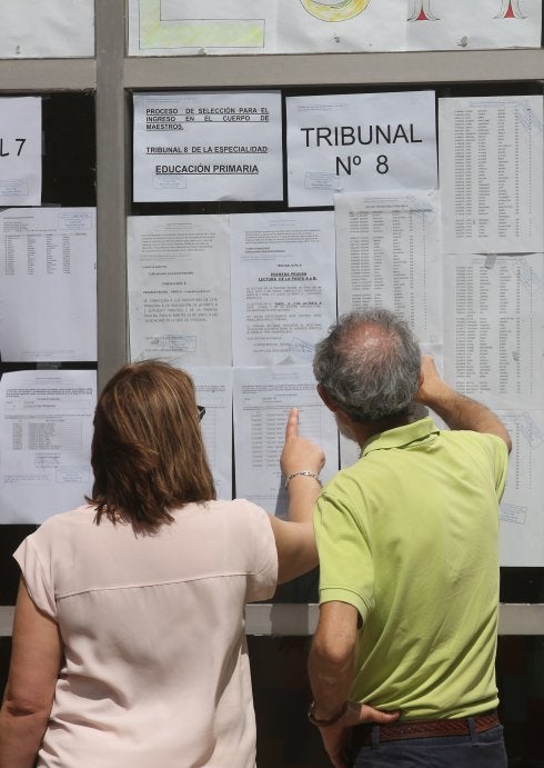 Dos maestros miran las listas el día de los exámenes. 