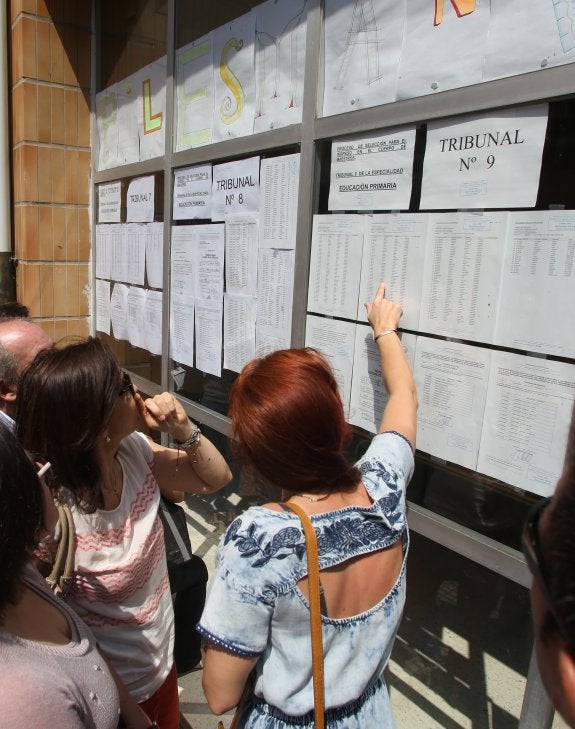 Opositores, consultando el tribunal que les correspondía el día del examen, en Gijón. 