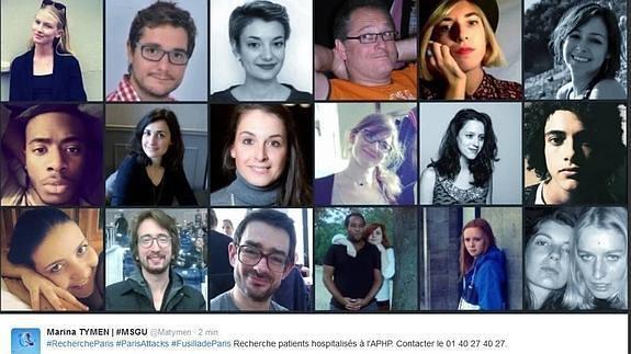 Imágenes difundidas en 'Twitter' con las fotógrafias de las personas desaparecidas tras los atentados de la noche del viernes en París.