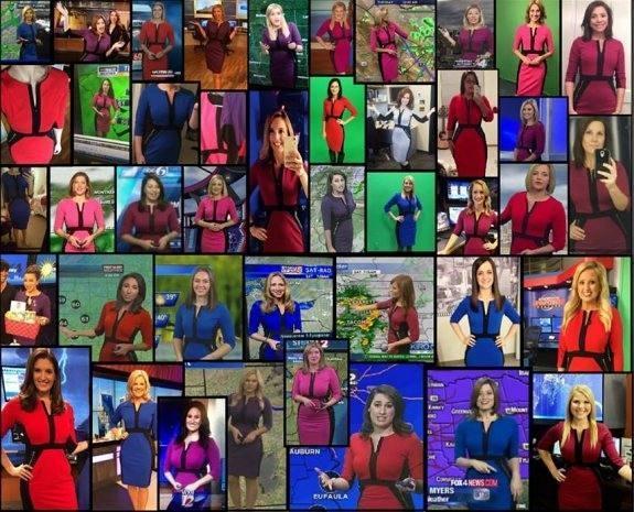 'Collage' con las imágenes de las presentadoras con el mismo vestido en distintos colores. A la derecha, Shelby Hays dando el tiempo. :: @KOCOShelby
