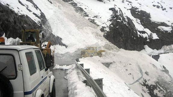 Las quitanieves trabajan para reabrir la carretera AS-264 entre Tielve y Sotres tras un alud que tuvo lugar el pasado febrero. 