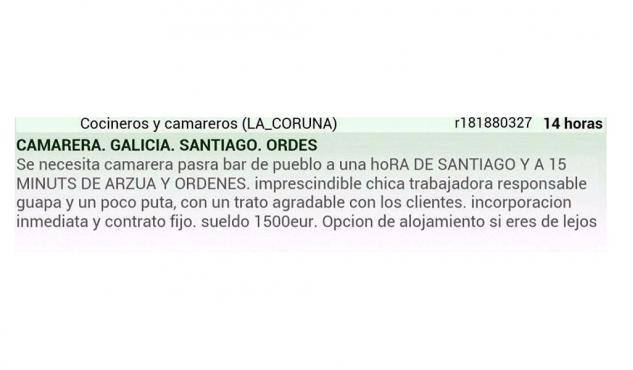 Un bar gallego busca una camarera «un poco puta»