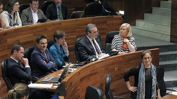 Belén Fernández, de pie, hoy en la Junta General, escucha a Carmen Pérez de la Mata.