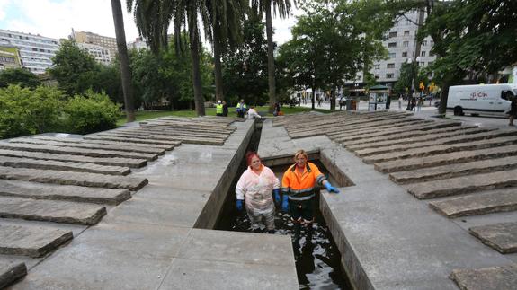 Operarias sacando cangrejos americanos en la plaza de Europa.