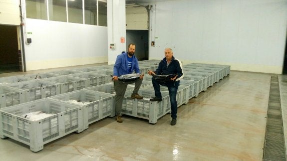 El patrón del 'Itxas Lagunak' y un empleado de la rula posan con los últimos bonitos del año. 