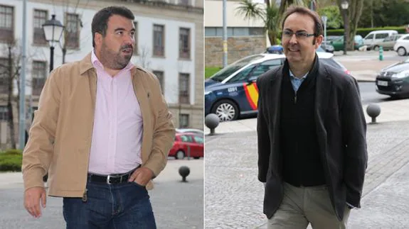 Joaquín Fernández y Luis Vázquez, esta mañana, a su llegada a los juzgados de Lugo.