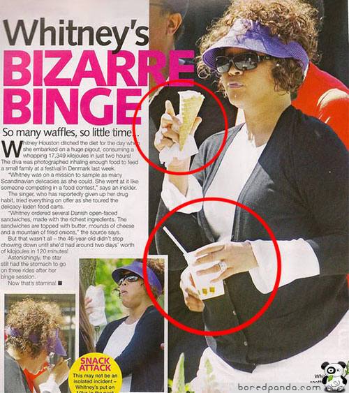 La malograda Whitney Houston apareció comiendo no a dos, sino a tres manos...