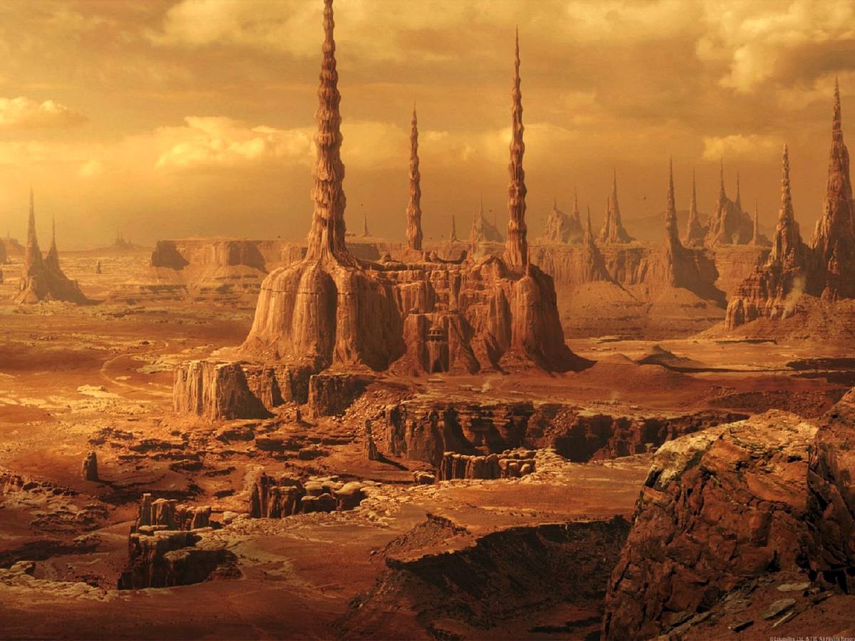 Geonosis. Planeta de aspecto rocoso y árido cuyos principales moradores, los geonosianos, viven en construcciones parecidas a los nidos de las termitas.