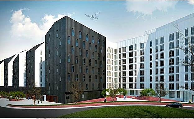 : Recreación infográfica del bloque que albergará los 160 alojamientos dotacionales