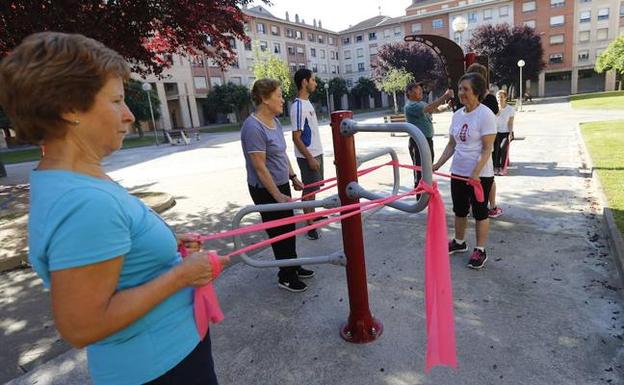 Un grupo de jubiladas, en un parque biosaludable de Arrigorriaga.