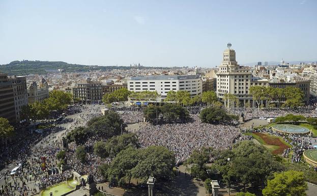 Vista aérea de la plaza Cataluña, en Barcelona.