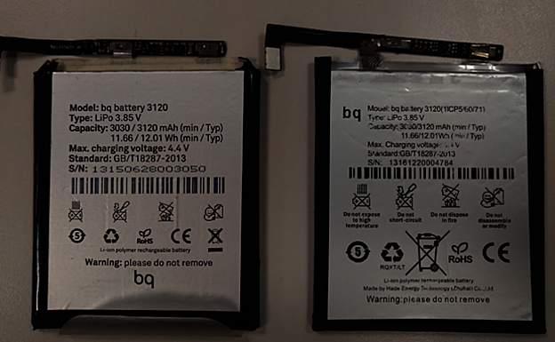 A la izquierda, batería original del Aquaris M5. A la iderecha, su falsificación.