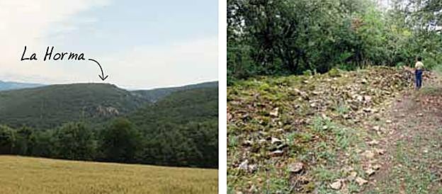 El lugar donde se asienta el castro de La Horma (izquierda) y los restos de la muralla (derecho). 
