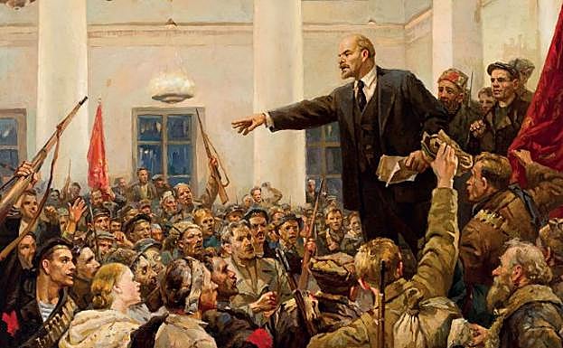 Imagen principal - VI. Lenin proclama el poder soviético. Vladimir Serov, 1954 / Cartel Spartakiada. G. Klutsis, 1928 / Monumento a la III Internacional. V. Tatlin 1919-20. 