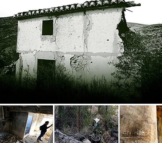 La silueta de la caseta de La Romana, arriba, con un muro derumbado y el mensaje ‘En memoria’ en una pared. Sobre estas líneas, el pilar del madera al que fueron atadas las niñas de Alàsser. A la izquierda, la fosa en la que enterraron a Míriam, Toñi y Desirée, rodeada por una verja y con una rosa artificial. 