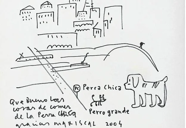 ‘Perra Chica’ sobre un paisaje de Bilbao, dibujado por Mariscal en 2004.
