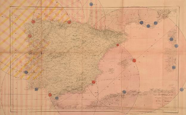 Mapa de 1901 de la península Ibérica y parte del mar Mediterráneo sobre el que están dibujados los radios de acción desde las bases aeronavales. 