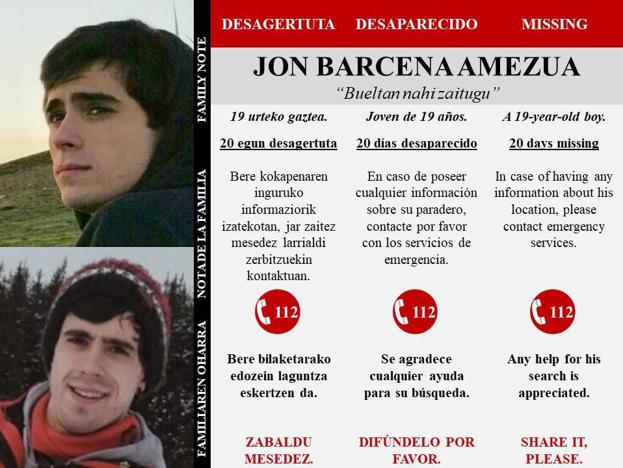 Cartel difundido por la familia tras cumplirse 20 días de la desaparición de Jon Bárcena. 