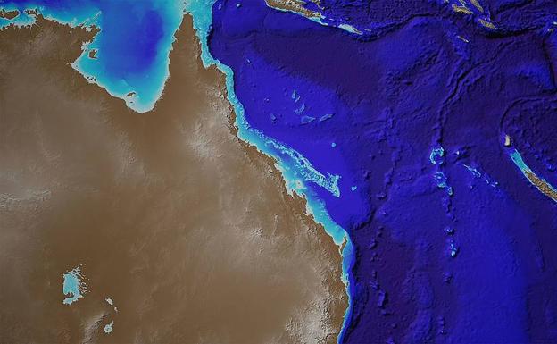 Vista facilitada de los datos batimétricos de la Gran Barrera de Arrecifes. 