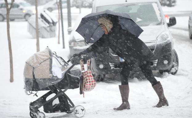 Una mujer intenta avanzar por la nieve con un carrito de bebé.