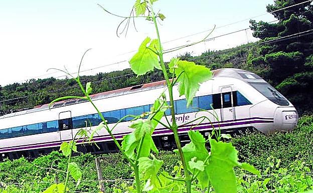 Un tren Alvia recorre el trazado Castejón-Bilbao junto a unos viñedos de Haro.
