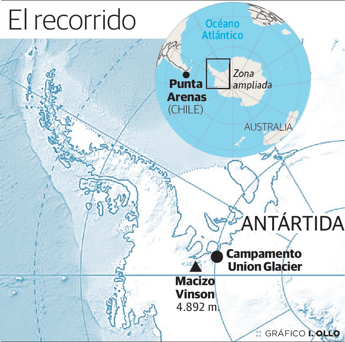 Trayecto que seguirá Pablo desde su domicilio de Zalla hasta la cumbre antártica del macizo Vinson