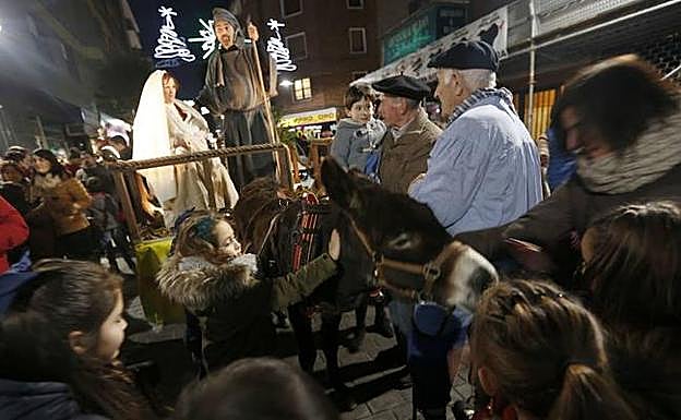 Una niña toca al burro en el desfile. 