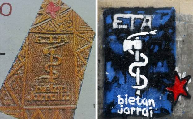 A la izquierda, talla de madera utilizada por ETA en su último comunicado. A la derecha, el símbolo empleado hasta ahora.